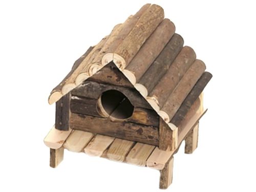 Hus til gnavere lavet af naturlige materialer, ideelt til hamstere og andre små kæledyr. Robust konstruktion med tag af træstammer, der giver et hyggeligt og sikkert tilflugtssted. Perfekt til indendørs brug og skaber en naturlig atmosfære i burret. | gnavernes univers