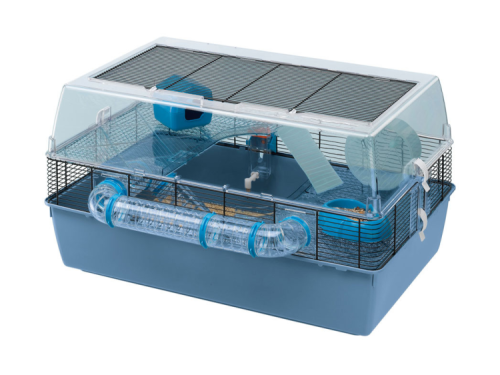 Gnaverbur med to niveauer og rør, ideel til hamstere og mus, inkluderer tilbehør som skål og hjul, perfekt til leg og aktivitet.