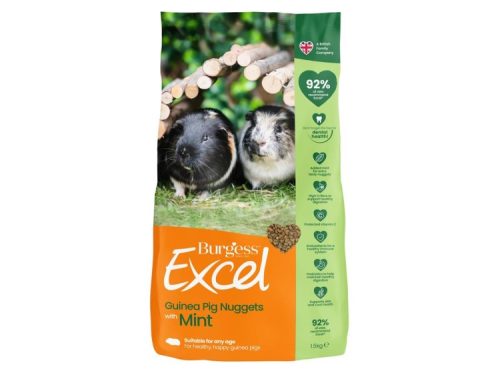 Burgess Excel Guinea Pig Nuggets med mynte, 1,5 kg. Sund og velsmagende fodermulighed til marsvin, designet til at støtte deres helbred med 92% højt fiberindhold.