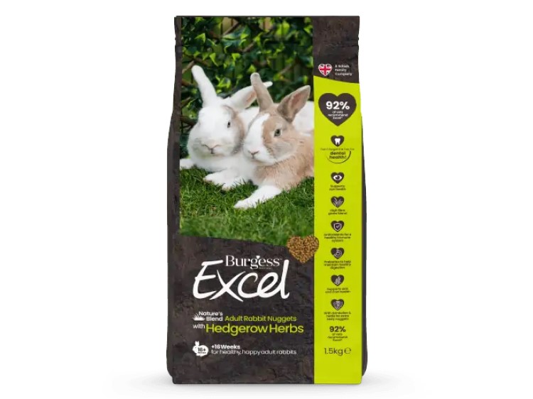 Burgess excel natures blend rabbit 1. 5kg | gnavernes univers Burgess excel nature's blend adult rabbit nuggets med hedgerow herbs, 1,5 kg pose, specielt udviklet til voksne kaniner med høj fiberindhold og velsmagende urter for sund fordøjelse og velvære. | gnavernes univers
