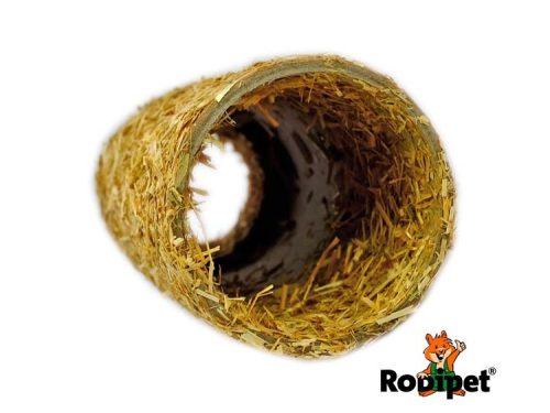 Tunnel til gnavere fyldt med naturligt hø, fra mærket Rodipet. Ideel til leg og skjulesteder for mindre kæledyr som hamster, mus og dværghamster.