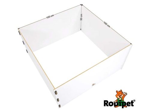 Hvid eksperimenterende bur til gnavere fra Rodipet, måler 100 cm x 100 cm x 50 cm, ideel til indretning af legeområder for små kæledyr.