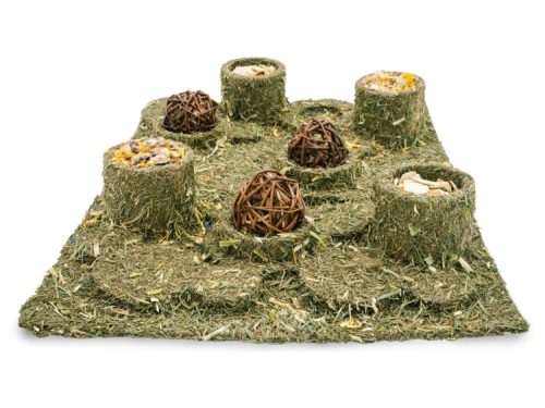 Naturlig aktivitetsmåtte til gnavere med hø og snacks i forskellige beholderformer, ideel til mental stimulation og leg. Perfekt til hamstere, kaniner og mindre kæledyr.