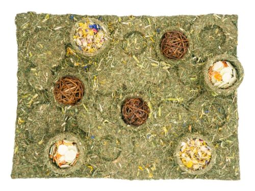 Naturlig aktivitetsmåtte til gnavere, lavet af hø og med forskellige skåle til snacks og godbidder. Ideel til stimulation og leg for hamstere, marsvin og andre små kæledyr.