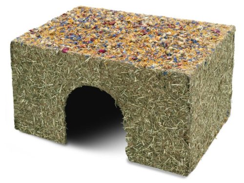 Hule i naturmaterialer til gnavere, ideel til leg og skjul. Fremstillet af hø og dekoreret med farverige blomster og urter for ekstra stimulering. Perfekt til hamstere, mus og andre små kæledyr.