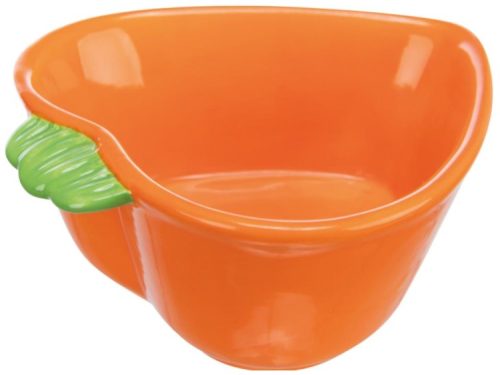 Farverig skål til gnavere i orange med grønne detaljer, ideel til mad eller vand. Perfekt til hamstere, mus eller andre mindre kæledyr.