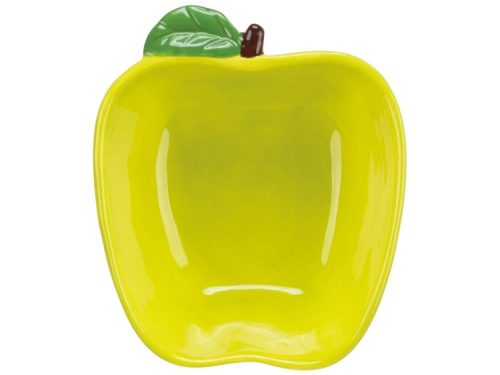 Gul keramikskål formet som et æble, ideel til gnavere og mindre kæledyr, perfekt til fodring og vand.