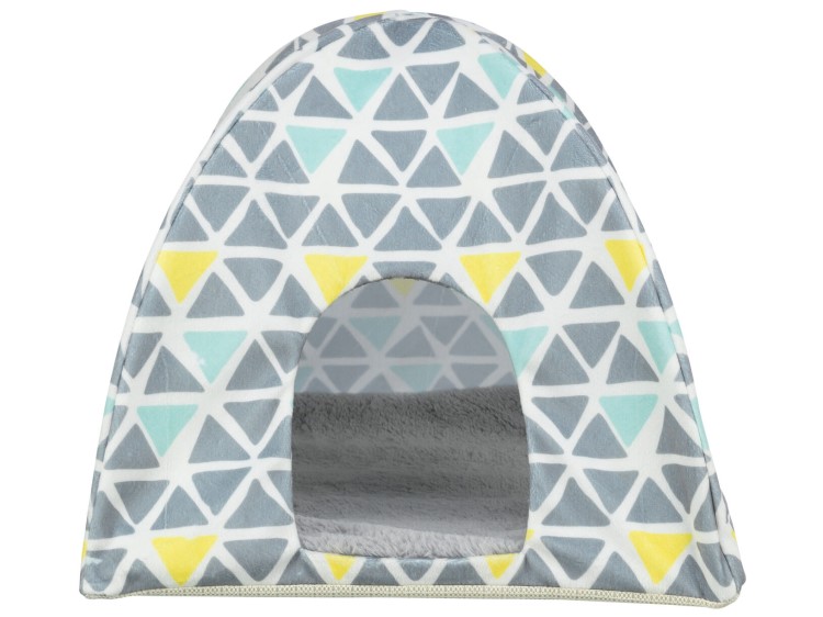Tx62684 wigwam sunny 37x35x37 cm 1 | gnavernes univers Blødt og hyggeligt hulehus til gnavere, perfekt til at skabe en tryg og komfortabel soveplads. Designet med farverige geometriske mønstre, ideelt til mindre kæledyr. | gnavernes univers