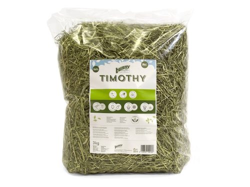 Bunny Timothy hø i 3 kg pose, perfekt til gnavere og mindre kæledyr. Naturligt og sundt foder, der fremmer tandpleje og fordøjelse. Ideelt til kaniner, marsvin og hamstere.