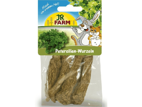 Petersiljerødder fra JR FARM, sundt og lækkert snack til gnavere og mindre kæledyr, pakket i praktisk plastpose.