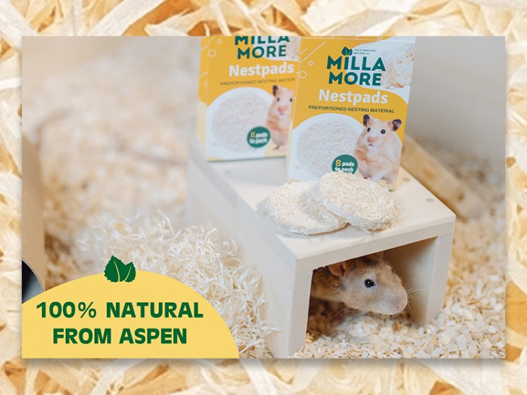 Mmnestpads-8pcs - millamore nestpads - redepuder (8 stk. ) 2 | gnavernes univers Milla more nestpads til gnavere, 100% naturlige fra asp, præsenteret med en hamster i en hyggelig hule, omgivet af strøelse. Ideel til skabe et komfortabelt redeområde for små kæledyr. | gnavernes univers