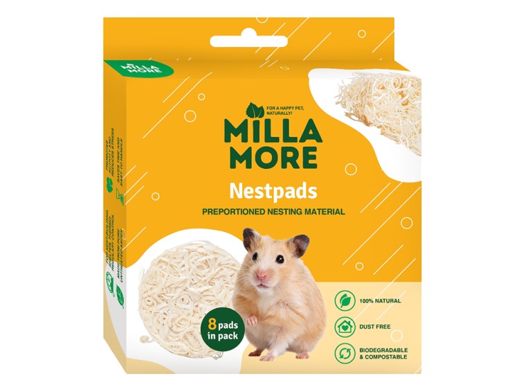 Mmnestpads-8pcs - millamore nestpads - redepuder (8 stk. ) | gnavernes univers Milla more nestpads til gnavere, 8 præpakkede redepuder lavet af 100% naturlige materialer, støvfri og komposterbare, ideelle til at skabe et komfortabelt hjem for dit kæledyr. | gnavernes univers