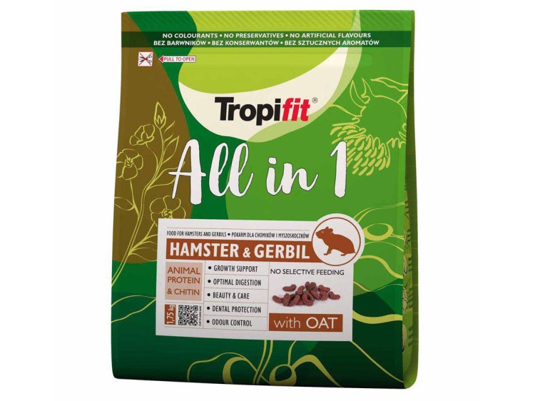 Tropifit hamster & gerbil | gnavernes univers Tropifit all in 1 foder til hamster og gerbil, designet til optimal fordøjelse, vækststøtte og tandpleje. Indeholder havre og sikrer ingen selektiv fodring. Ideelt valg til små kæledyr. | gnavernes univers