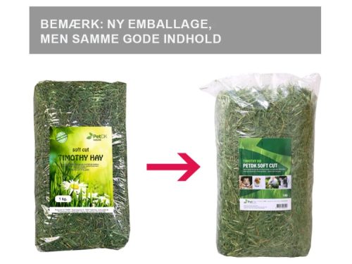 Timothy hø fra PetDK i ny emballage, der viser en 1 kg pakke med blødt skåret hø til gnavere og mindre kæledyr.