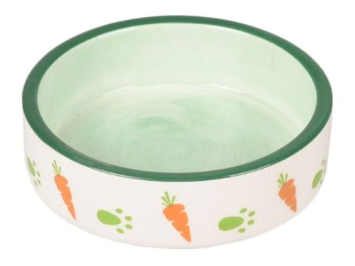 Keramisk skål til gnavere med grønt indre og dekorative gulerødder og poteaftryk, perfekt til vand eller foder. Ideel til hamstere, mus og andre små kæledyr.