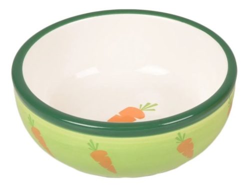 Skål til gnavere med grøntsagsmotiver, ideel til fodring af mindre kæledyr som kaniner og marsvin. Skålen har en farverig grøn yderside med gulerodsdesign og en glat inderside, der gør den nem at rengøre.