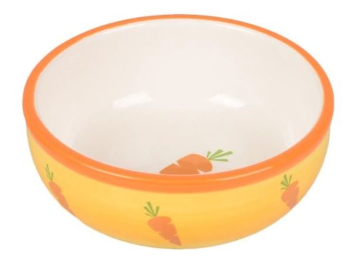 Keramisk skål til gnavere med farverigt gulerodsdesign, ideel til foder eller vand. Perfekt til små kæledyr som hamstere og kaniner.