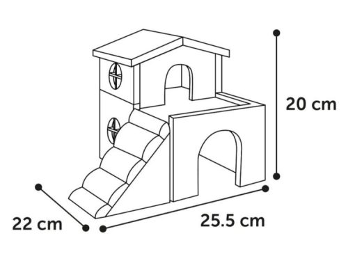 Tegning af en aktivitetslegetøjsstruktur til gnavere med mål på 25,5 cm i længden, 22 cm i bredden og 20 cm i højden. Designet inkluderer en lille hytte med vinduer og en skråning, der giver mulighed for leg og udforskning. Ideel til hamstere, mus eller andre små kæledyr.