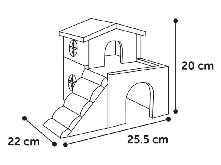 210302 - flamingo keldry 25,5x22x20 cm 2 | gnavernes univers Tegning af en aktivitetslegetøjsstruktur til gnavere med mål på 25,5 cm i længden, 22 cm i bredden og 20 cm i højden. Designet inkluderer en lille hytte med vinduer og en skråning, der giver mulighed for leg og udforskning. Ideel til hamstere, mus eller andre små kæledyr. | gnavernes univers