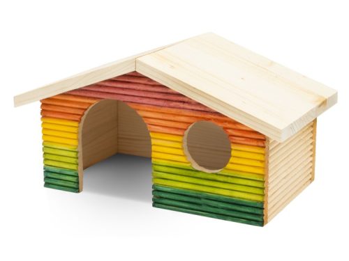 Farverigt hus til gnavere i træ, ideelt som tilflugtssted og legeplads for mindre kæledyr. Perfekt til hamstere, mus og andre gnavere. Robust design med åbninger for nem adgang.