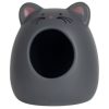 Grå kattedyr hus til gnavere med sjov katteansigt design, perfekt til at skabe trygge sovemuligheder for mindre kæledyr. Ideel til hamstere og mus. | gnavernes univers