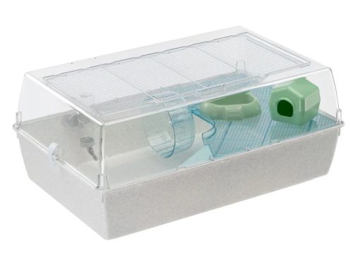 Gnaverbur med tilbehør til mindre kæledyr, inklusiv hus og løbehjul, ideel til hamstere og mus. Transparent låg for nem adgang og ventilation.