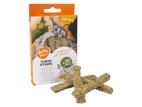 Duvo plus chew strips til gnavere, lækre alfalfa snacks, ideelle til at tilfredsstille naturlige tyggebehov hos herbivorer. Pakken indeholder flere tyggestænger, der fremmer tandpleje og underholdning for små kæledyr. | gnavernes univers