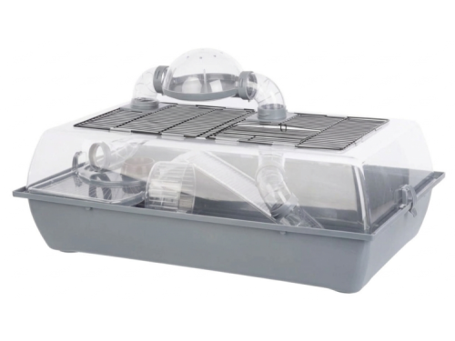Gnaverhus med rør og tilbehør til små kæledyr, ideelt til hamstere og mus. Transparent design for bedre udsyn og ventilation, med tilbehør til leg og aktivitet.