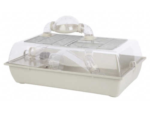 Gnaverbur med rør og tilbehør, ideel til hamstere og andre små kæledyr. Transparent design for optimal udsigt og ventilation. Perfekt til indendørs brug.