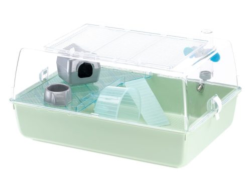Gnaverbur med tilbehør til mindre kæledyr, inklusiv hus, skål og rør, ideel til hamstere og mus. Transparent låg for nem adgang og ventilation. | gnavernes univers