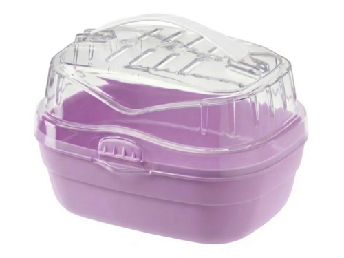 Transportkasse til små kæledyr i lyserød farve med gennemsigtig top og håndtag, ideel til udflugter med gnavere som hamstere og mus. | gnavernes univers