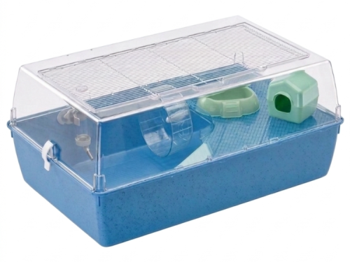 Gnaverbur i blå farve med gennemsigtig top, inklusiv tilbehør som hjul og skjulesteder til små kæledyr. Ideel til hamstere og mus.