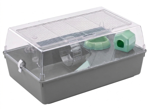 Gnaverbur med tilbehør til mindre kæledyr, herunder en løbehjul og huler i plastik, ideelt til hamstere og mus. Transparent låg for nem adgang og observation.