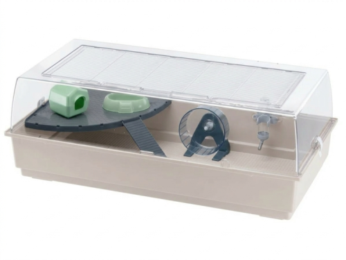 Gnaverbur med tilbehør til hamstere og mindre kæledyr, inklusiv løbehjul, hus og rampe. Ideel til aktivering og leg.