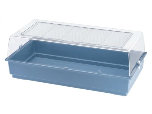 Gnaverhus med gennemsigtig top og praktisk ventilationssystem, ideelt til små kæledyr som hamstere og mus.