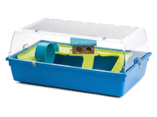 Gnaverbur med tilbehør til små kæledyr, blå og grøn, med ventilationslåg og indretning til leg og skjul. Ideel til hamstere og mus.