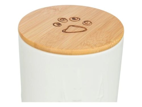 Opbevaringskrukke til gnaverudstyr med bambuslåg og pote-motiv, ideel til opbevaring af foder eller tilbehør til mindre kæledyr.