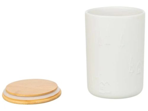 Hvid opbevaringskrukke i keramik med bambuslåg, ideel til opbevaring af foder eller tilbehør til gnavere og små kæledyr.