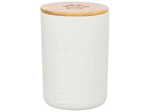 Opbevaringskrukke til gnaverfoder i hvid keramik med bambuslåg og dekorative indgraveringer. Ideel til opbevaring af foder og snacks til små kæledyr. Perfekt til at holde foderet friskt og organiseret.