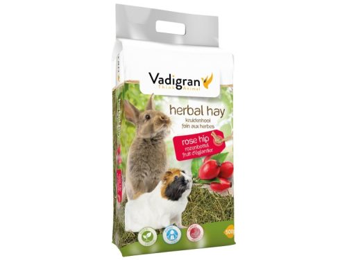 Vadigran hø med urter, 500g, indeholder rosenbær og er velegnet til gnavere som kaniner og marsvin. Produktet er rigt på fibre og naturlige ingredienser, der fremmer en sund fordøjelse.
