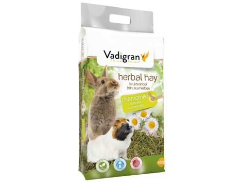 Vadigran herbal hay med kamille 500g til gnavere og mindre kæledyr, ideelt som sundt og naturligt tilskud til deres kost.
