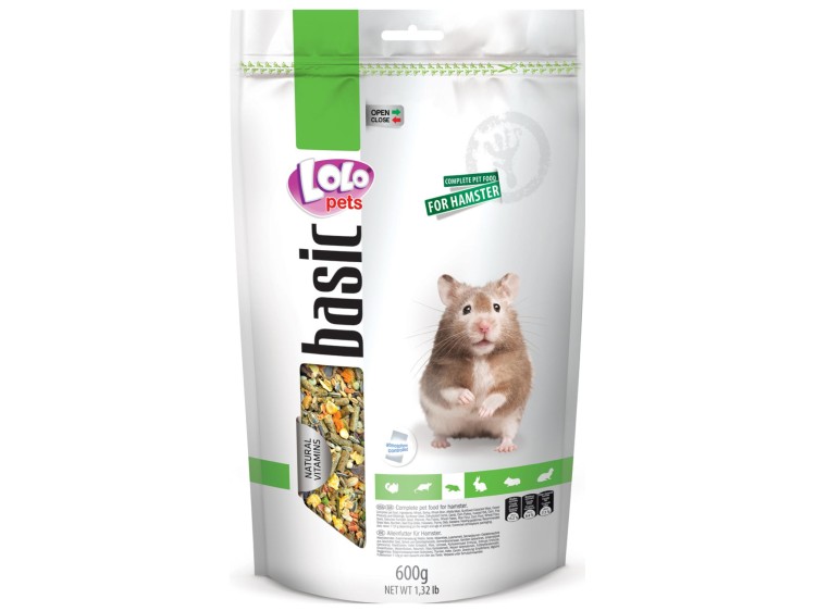 Lolo Pets basic hamsterfoder 600g med naturlige vitaminer, komplet kost til hamstere og mindre gnavere.